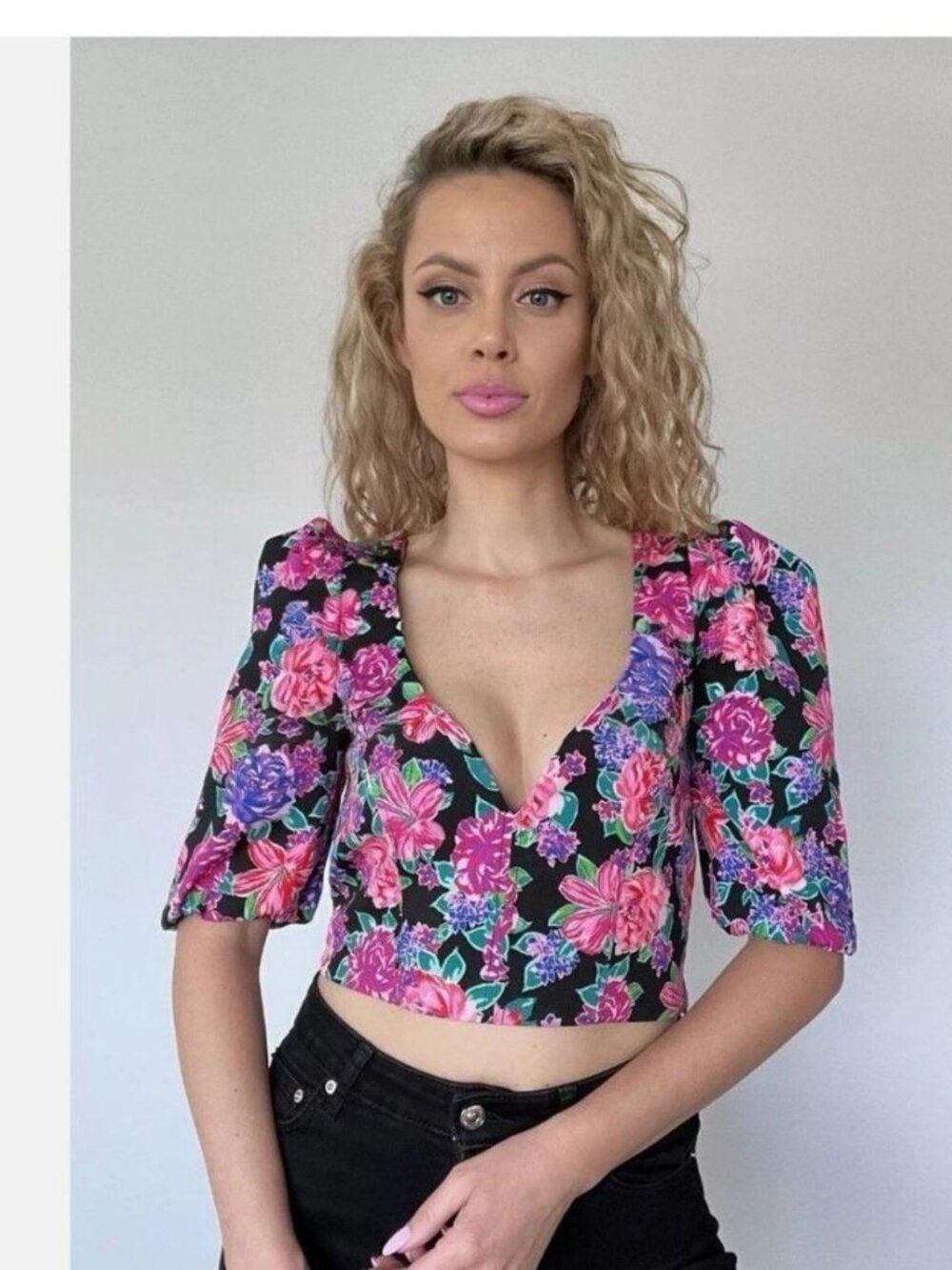 Zara Puff Sleeve Floral Crop Top Blouse